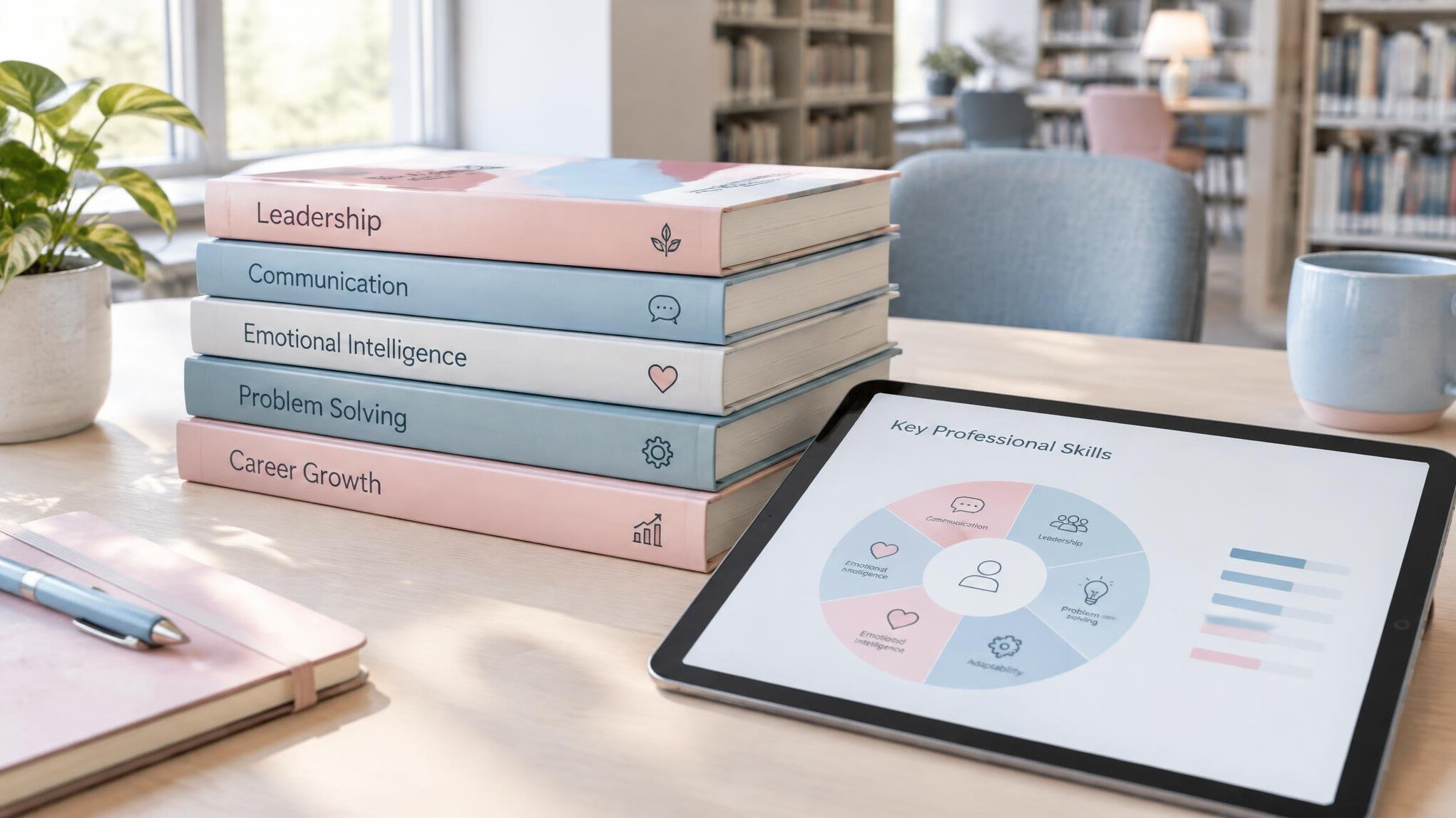 Stack of books and a tablet on a table in a library