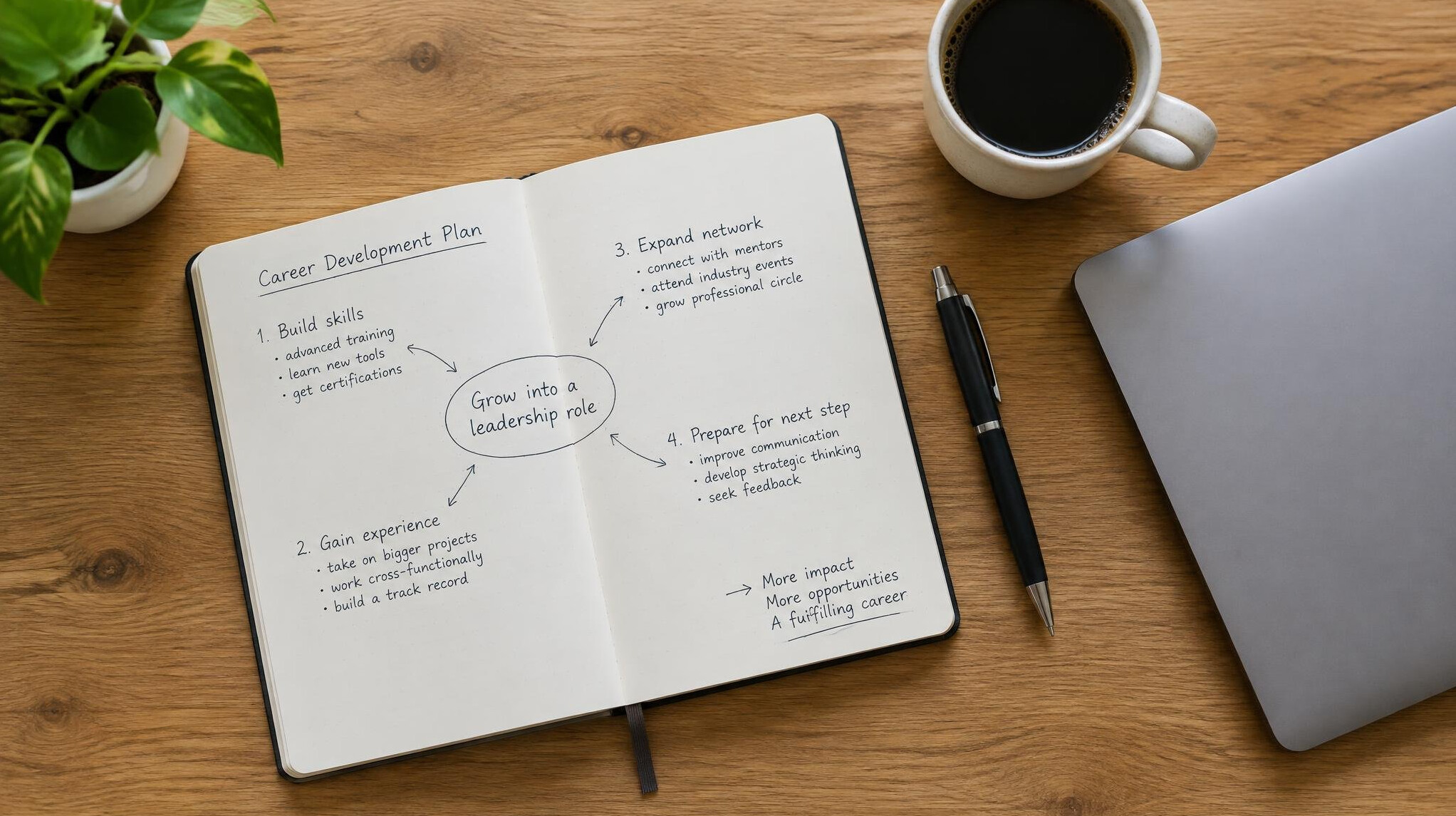 Open notebook with a handwritten career plan next to a laptop on a desk