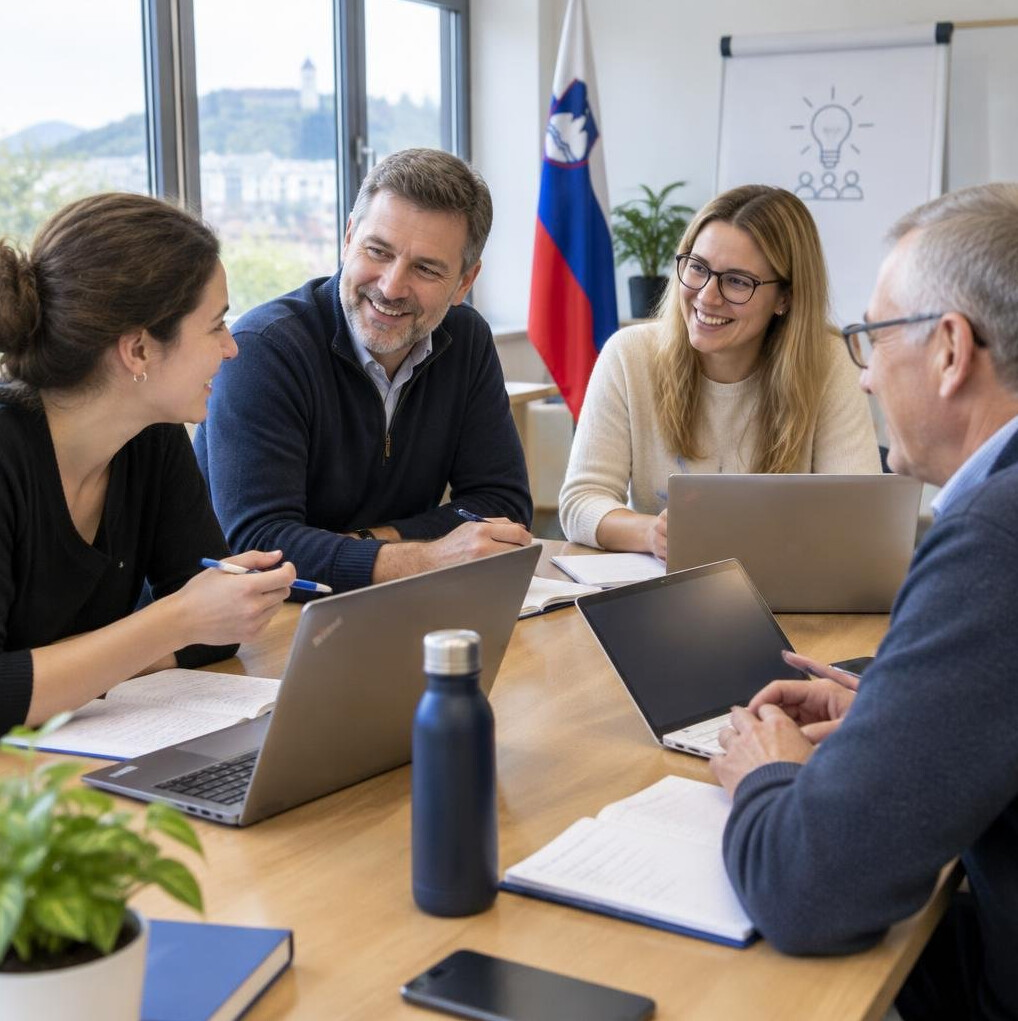 Group of adults learning together around a table in a bright training room