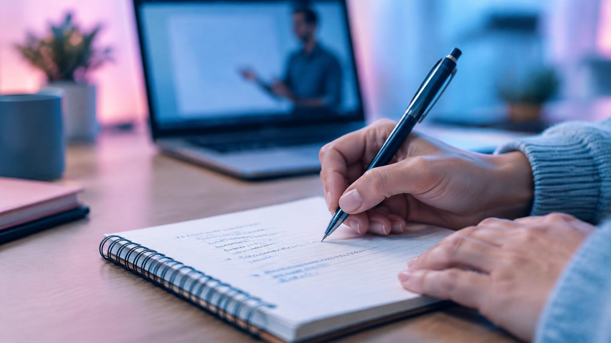 Hands writing notes in a notebook during a learning session